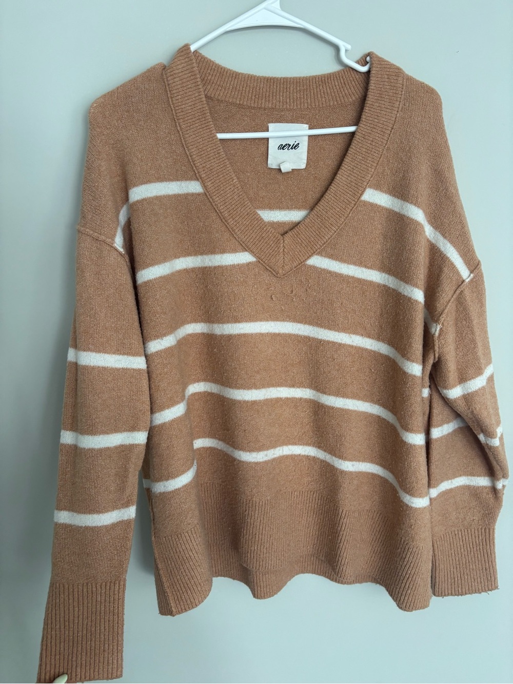 aerie Camel and White Striped V-Neck Sweater